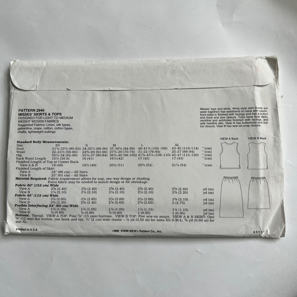 Kwik Sew Pattern Wrap Style Skirt 2 Length & Top 2 Styles 2946 Uncut Sealed 2000 - Picture 5 of 5